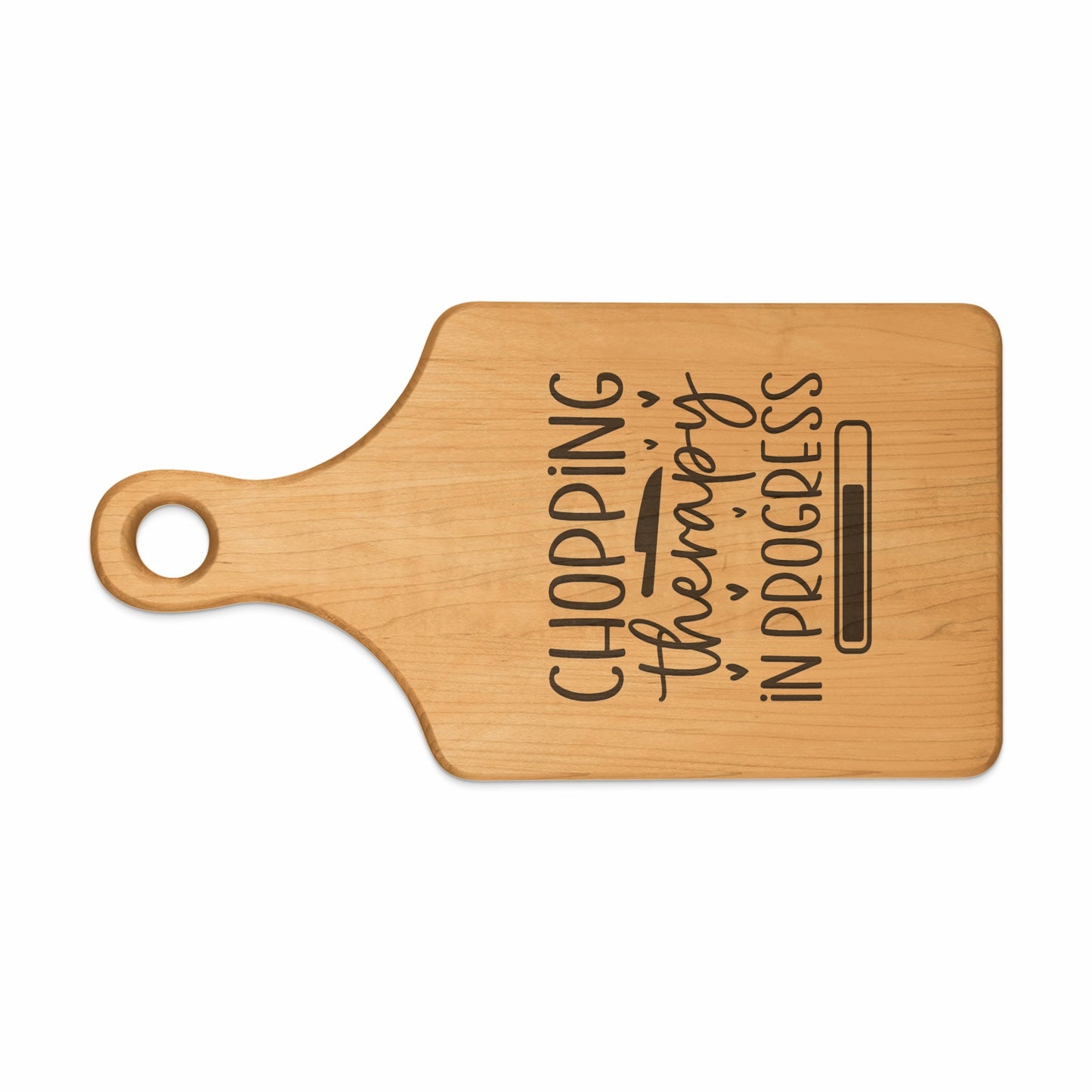 Wooden cutting board with "Chopping Therapy in Progress" text and progress bar design.