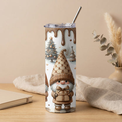 Gnome with gift on a tumbler with dripping chocolate and Christmas trees design.