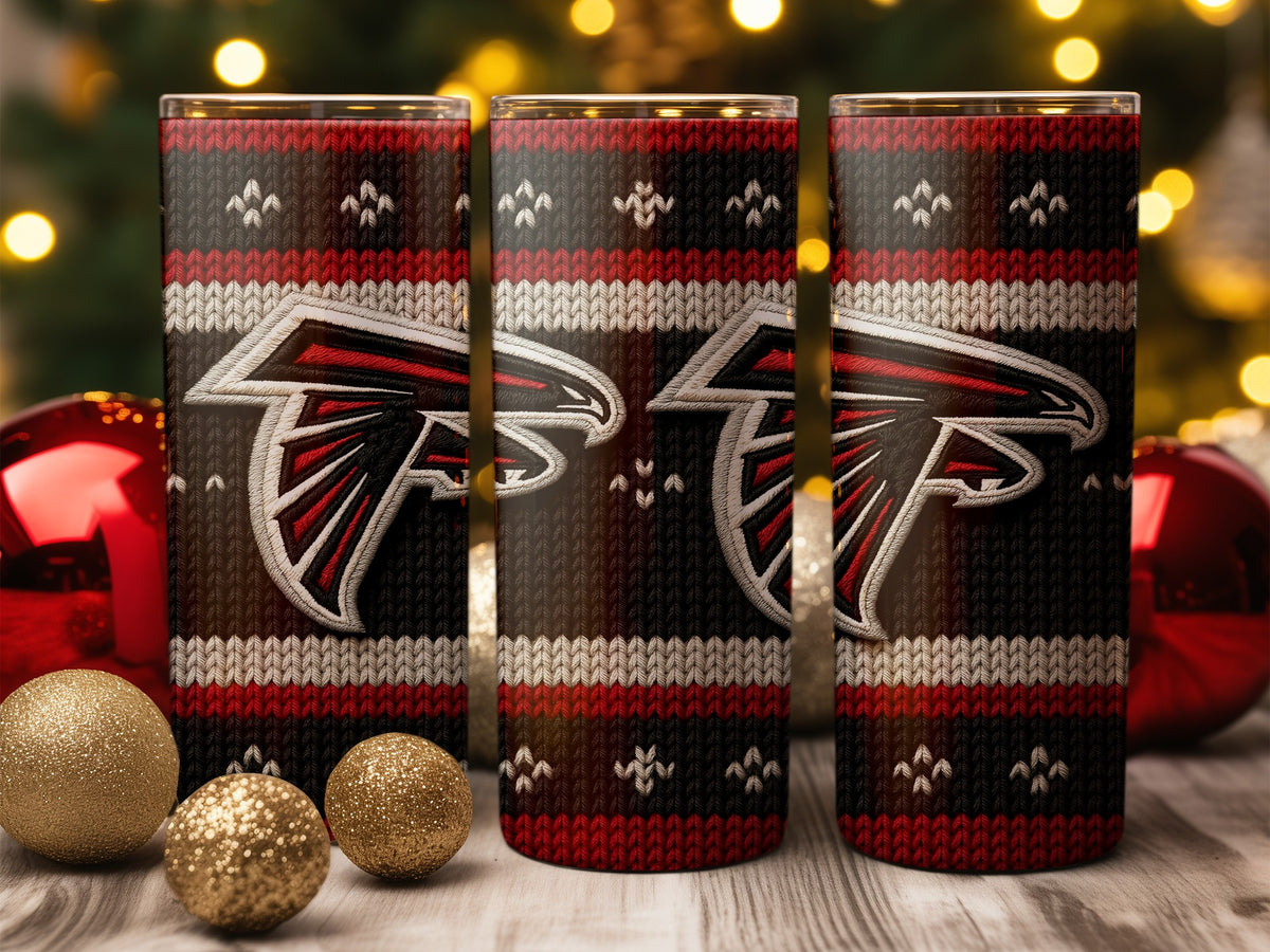Three tumblers with Atlanta Falcons logo on a knitted pattern.