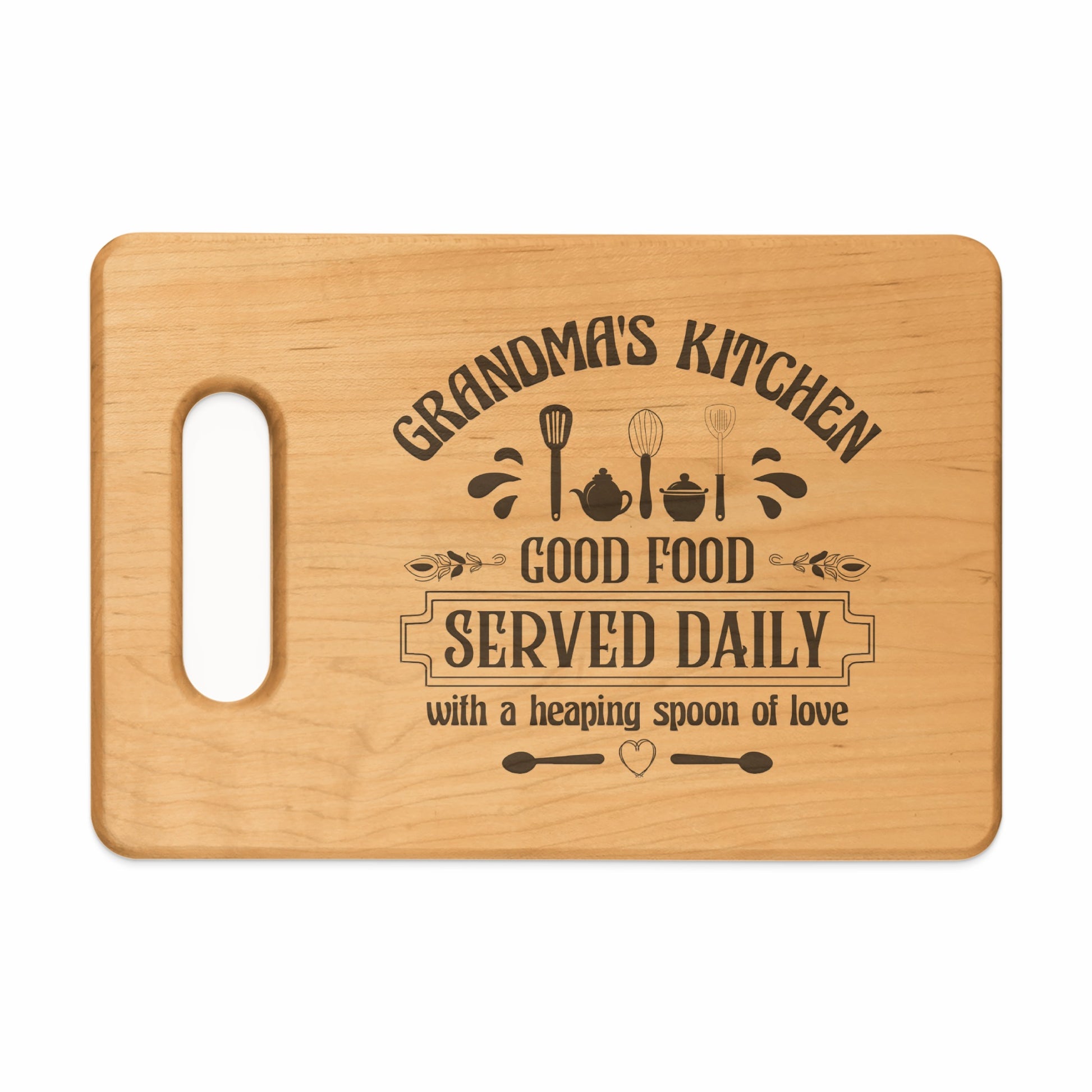 Wooden cutting board with "Grandma's Kitchen Good Food Served Daily" text and graphics.