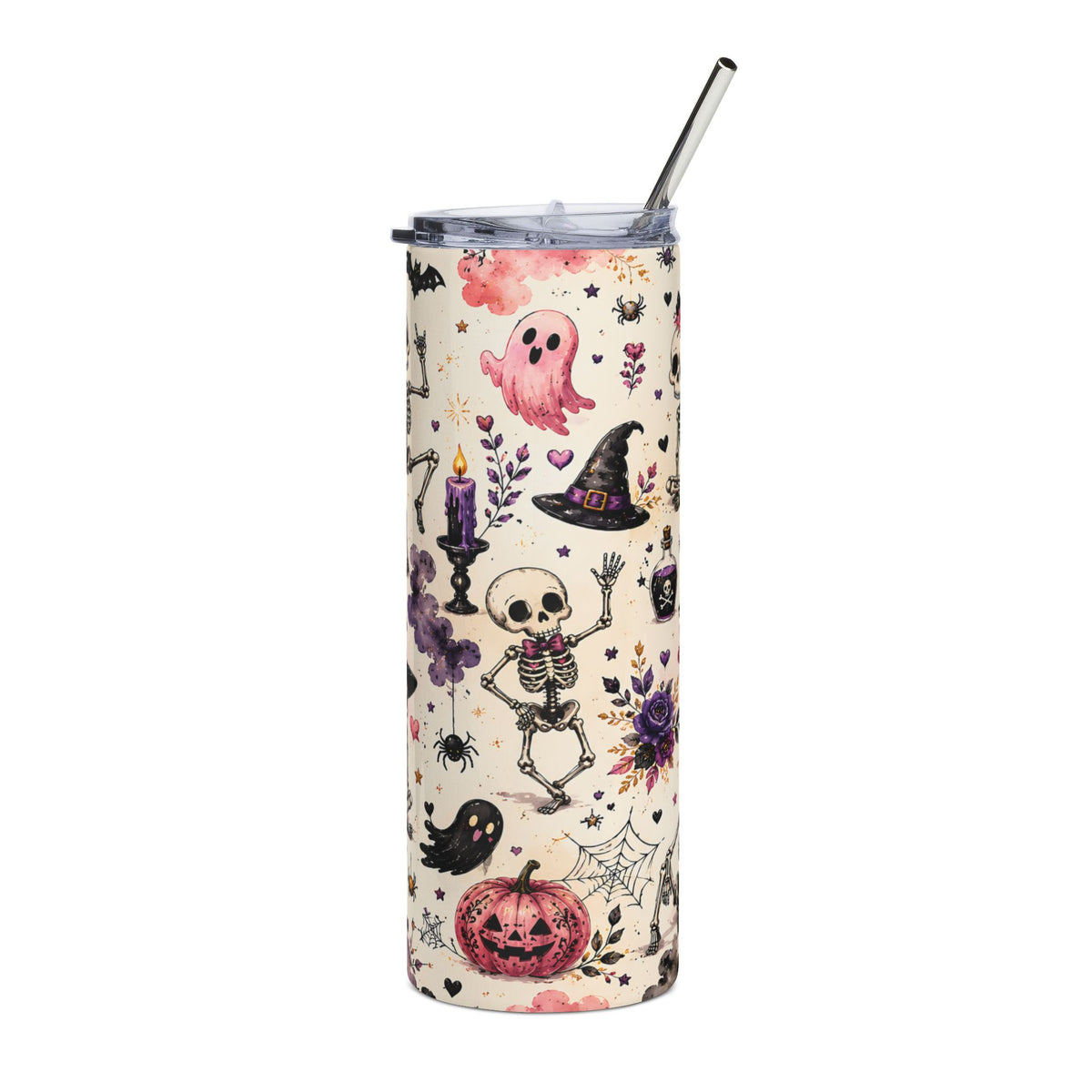 Tumbler with Halloween pattern: ghosts, skeletons, pumpkins, witches hats, and spiders.