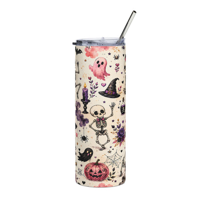 Tumbler with Halloween pattern: ghosts, skeletons, pumpkins, witches hats, and spiders.