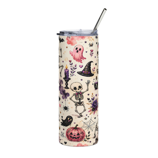 Tumbler with Halloween pattern: ghosts, skeletons, pumpkins, witches hats, and spiders.