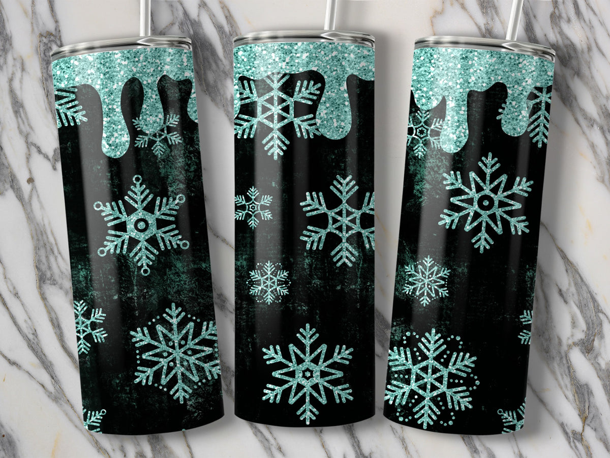 Three tumblers with a black background and light blue glitter snowflakes.