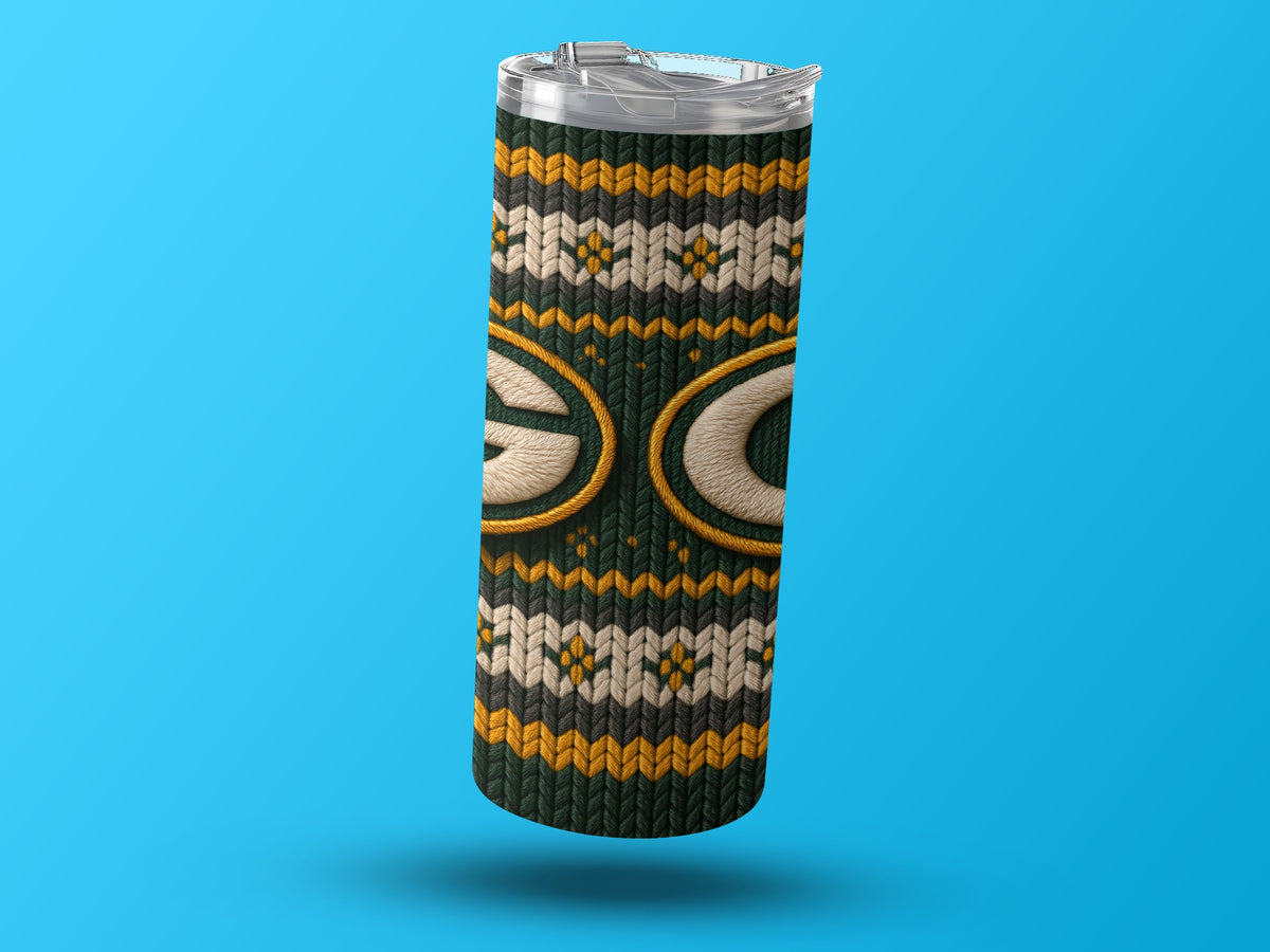 Green Bay Packers tumbler with knit pattern and team logo.