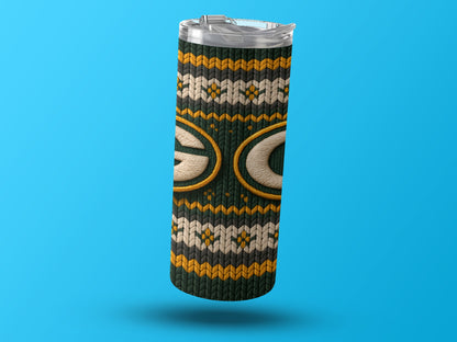 Green Bay Packers tumbler with knit pattern and team logo.