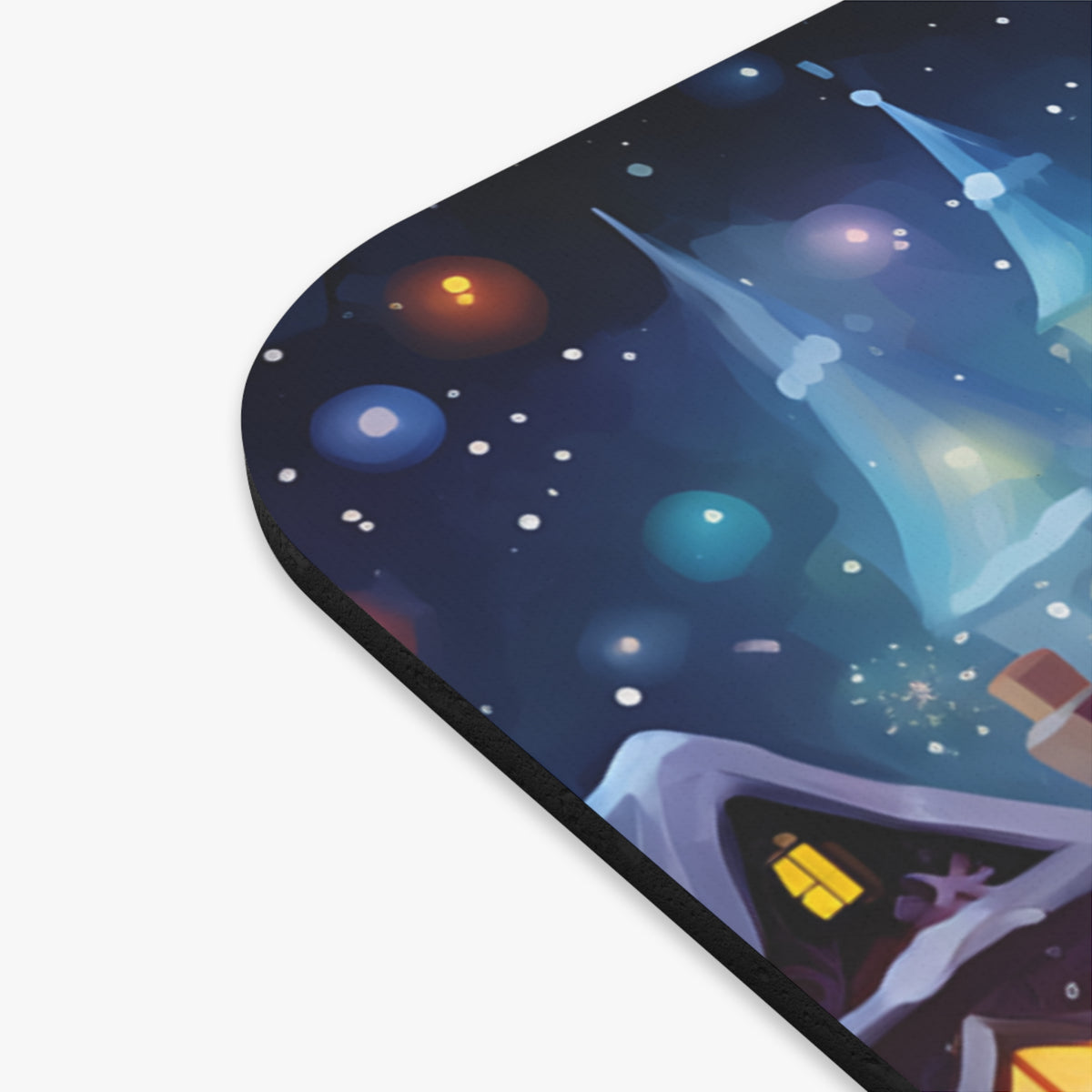 Mousepad with a whimsical winter castle and glowing lights in a starry night sky.