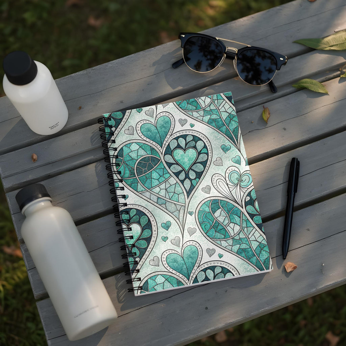 Notebook with teal heart pattern, surrounded by water bottles, sunglasses, and a pen.