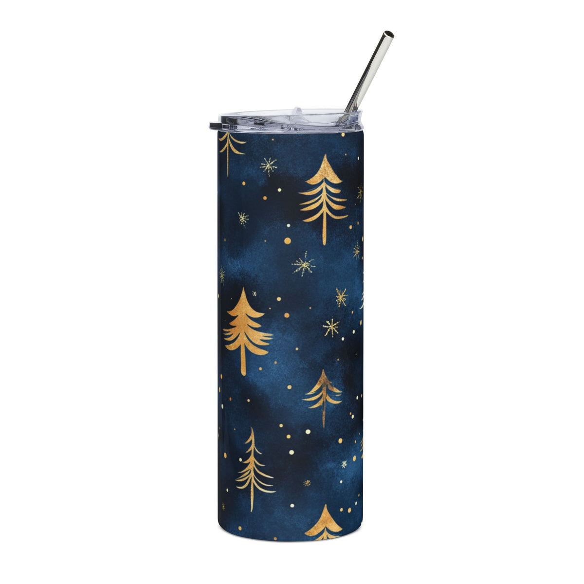 Tall navy blue tumbler with gold pine trees and snowflakes.
