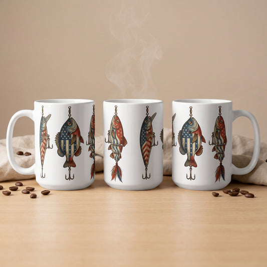 Three white mugs featuring fishing lures with American flag designs and hooks.