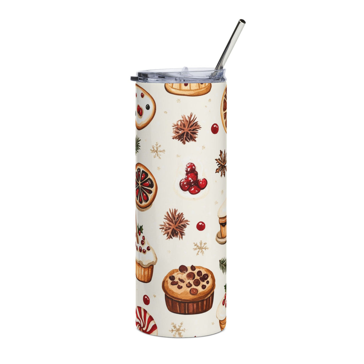 White tumbler with a festive holiday pattern of baked goods and fruits.