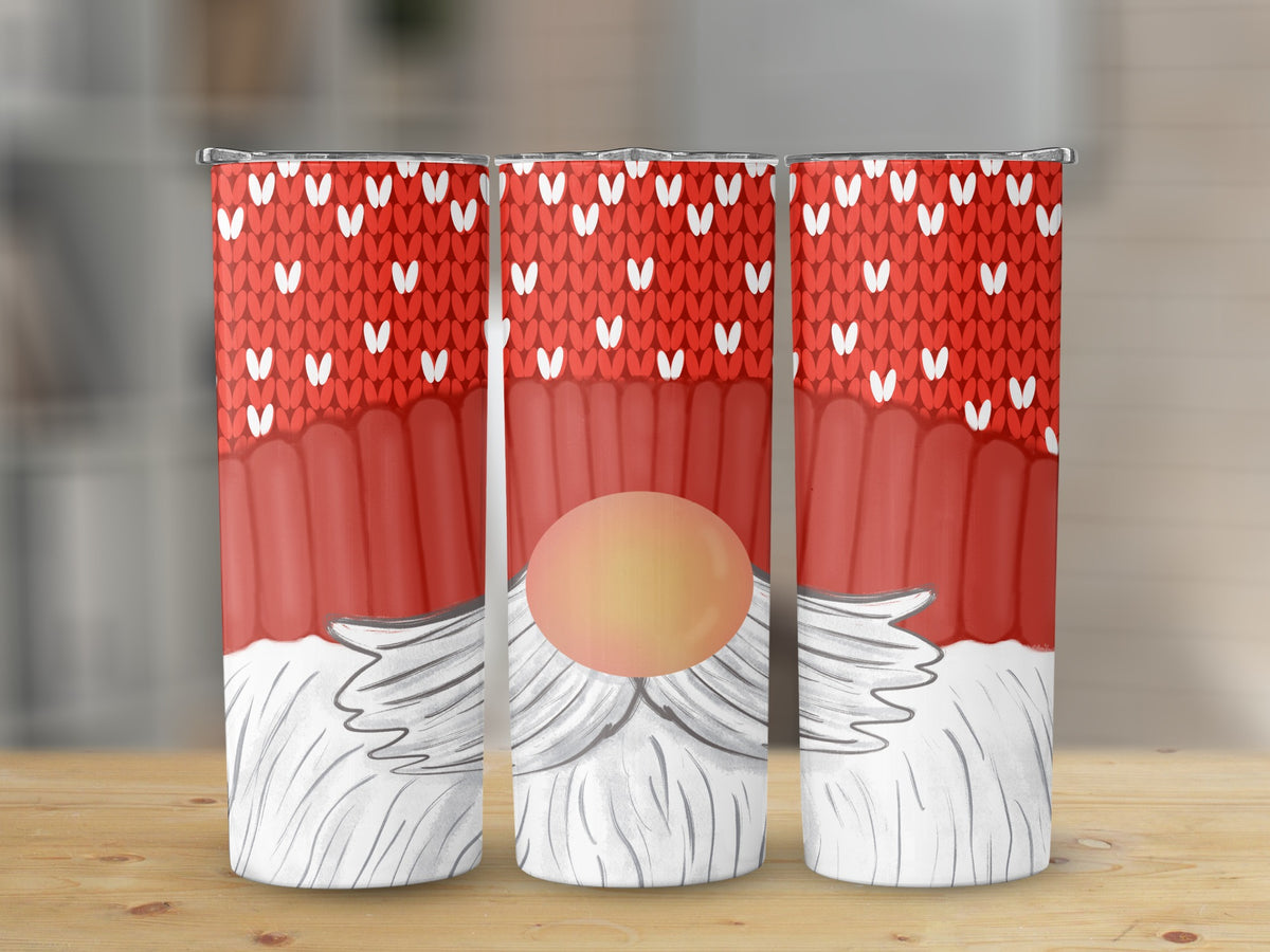 Three tumblers with a red knit pattern and white beard design.