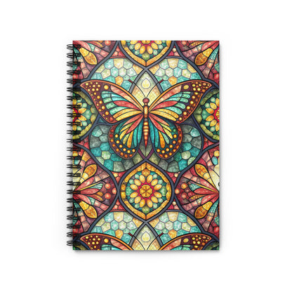 Spiral bound notebook with colorful stained glass butterfly and floral pattern.