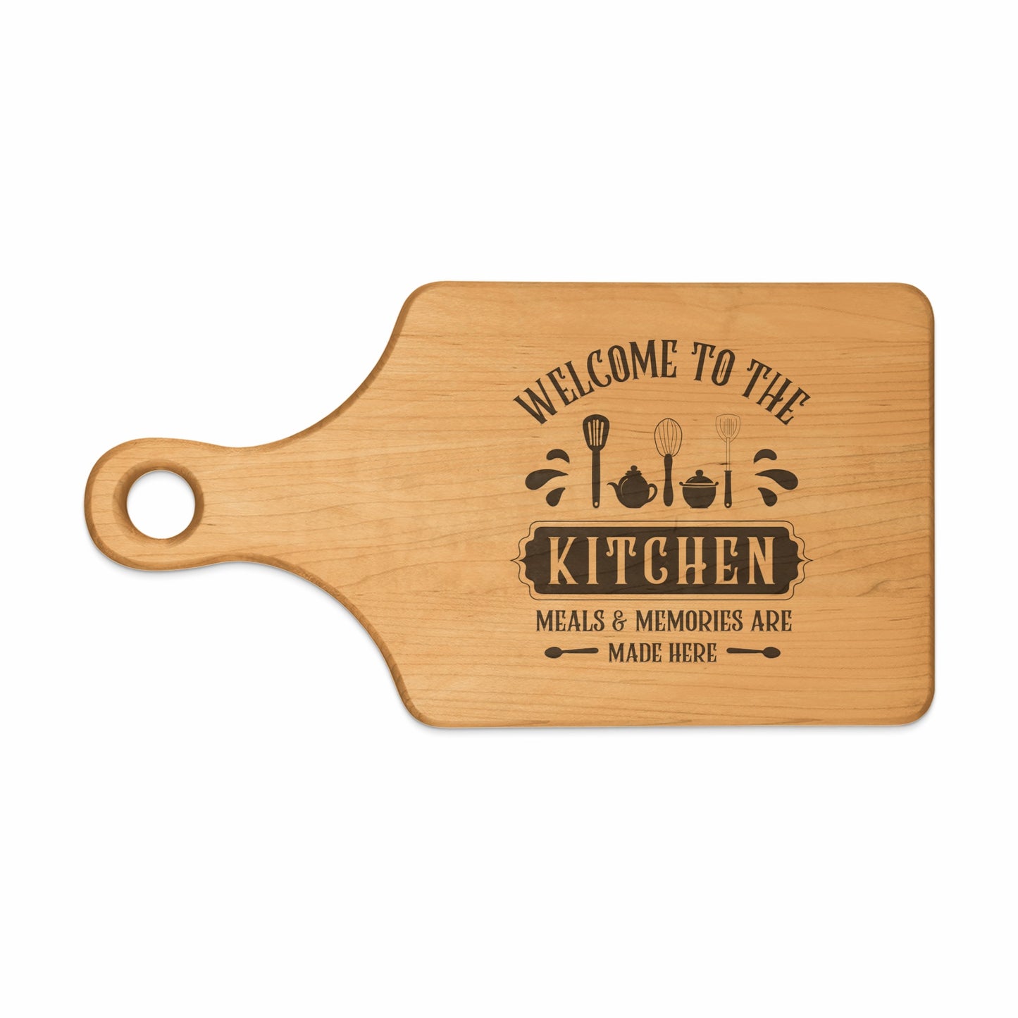 Wooden cutting board with "Welcome to the Kitchen" and kitchen utensil graphics.
