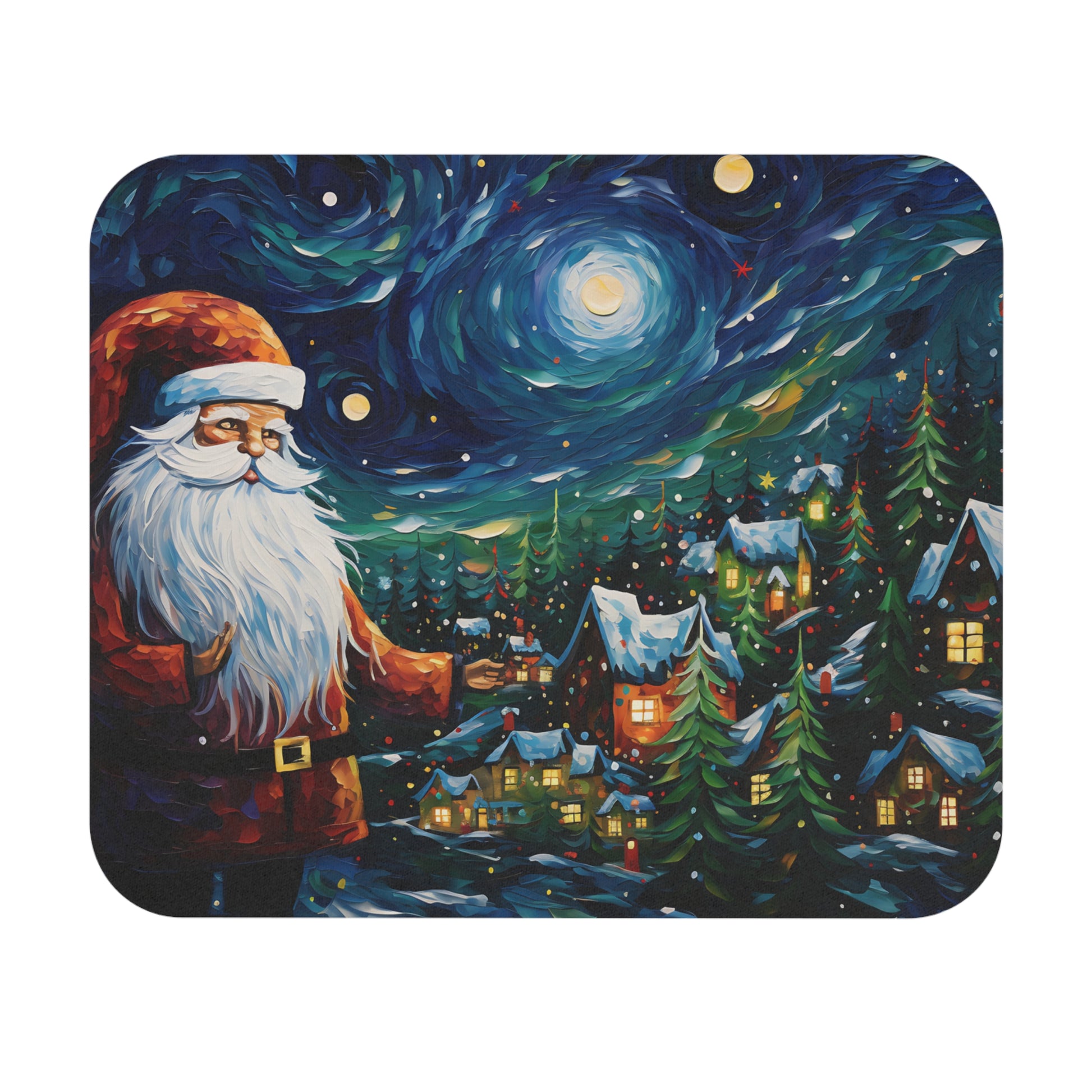 Santa Claus stands in front of a snowy village under a starry, swirling night sky.