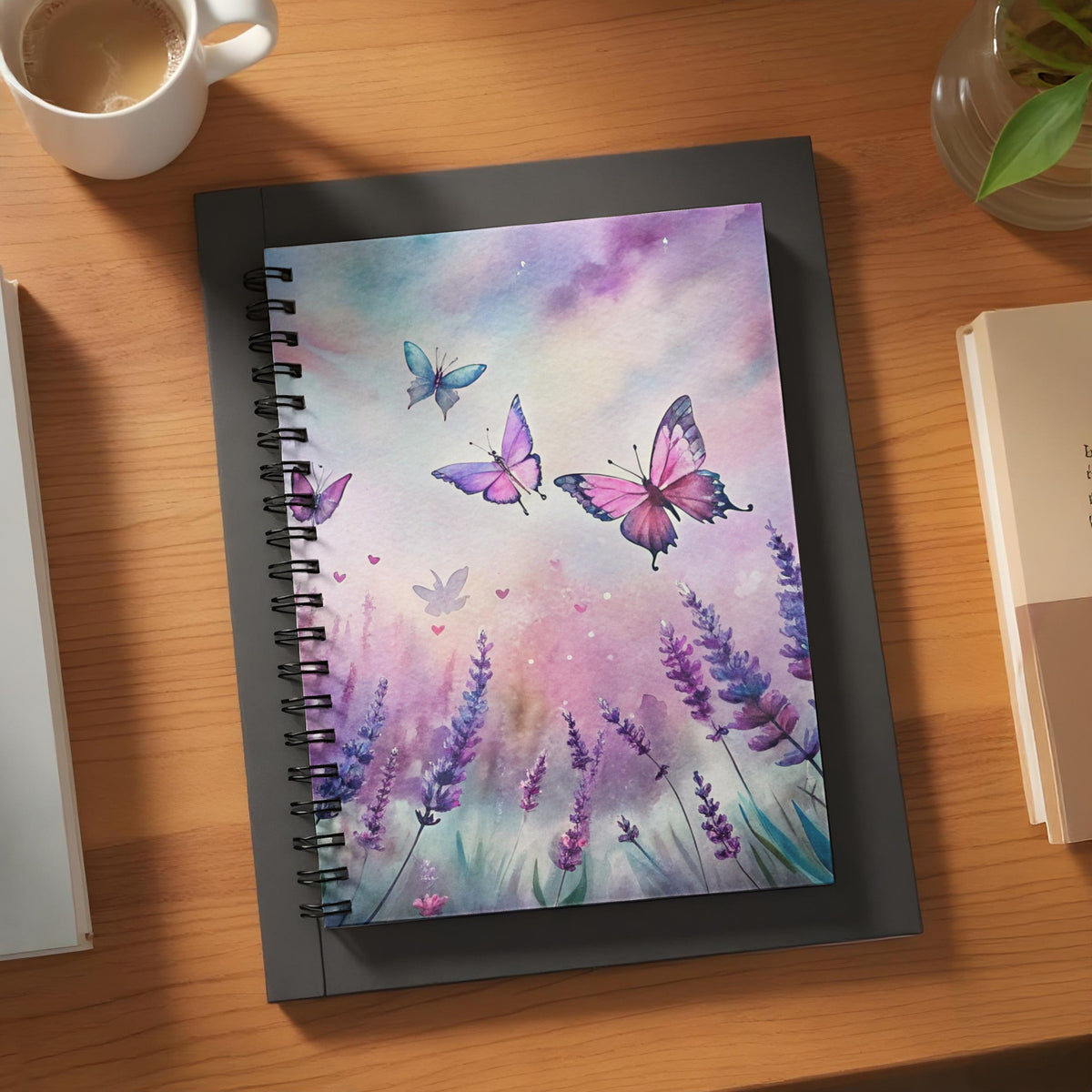 Spiral bound notebook with watercolor butterflies and lavender flowers on the cover.