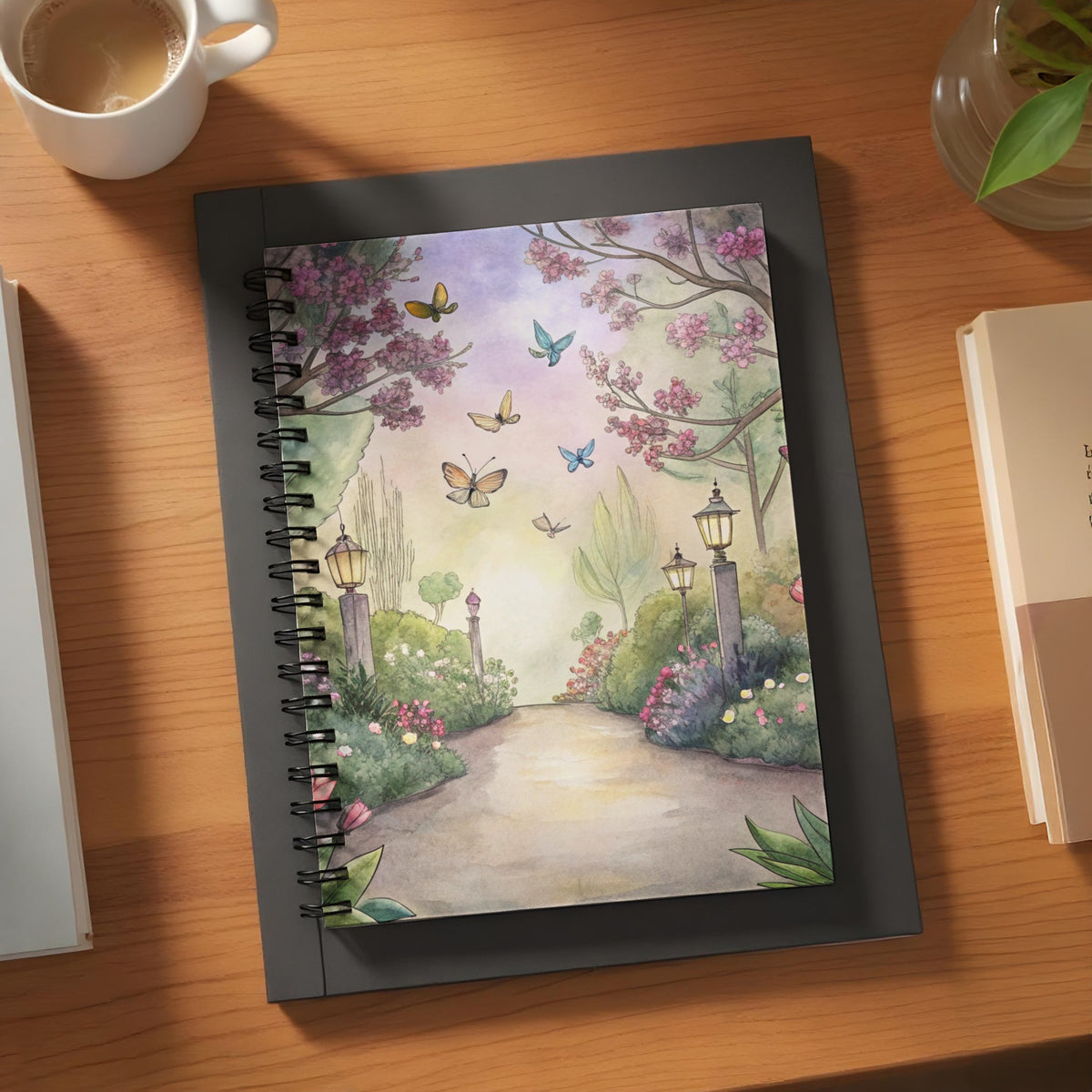 Notebook with a watercolor garden path scene and flying butterflies.