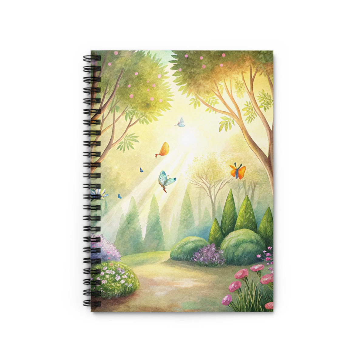 Spiral notebook with a whimsical watercolor garden scene and butterflies.