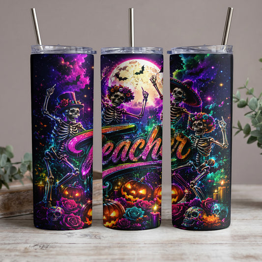 Three tumblers featuring skeletons, pumpkins, roses, and the word "Teacher" against a starry night.