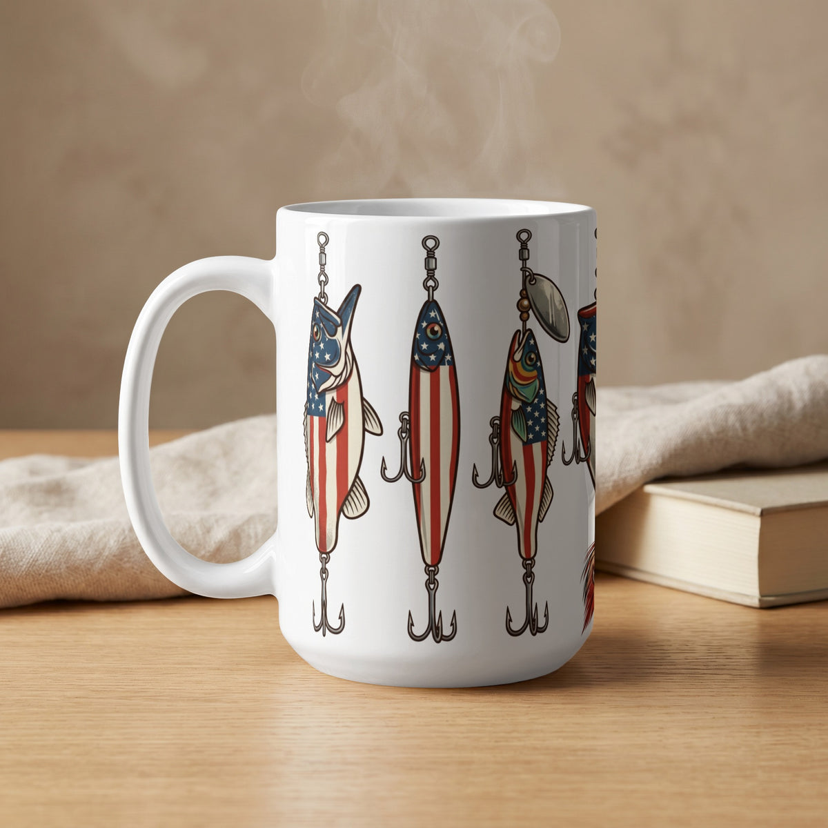White mug with American flag fishing lures design, steam rising.