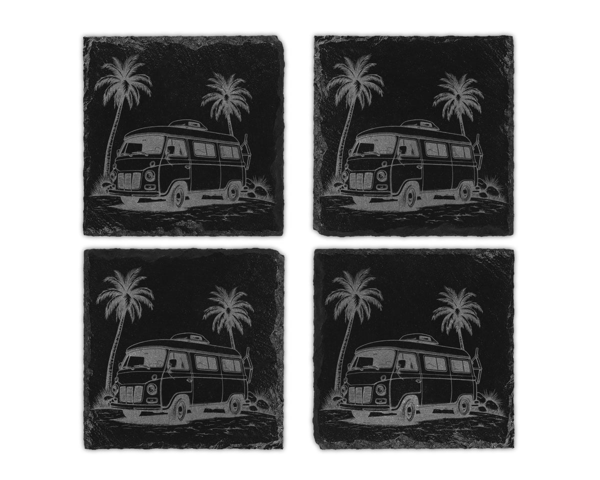 Set of four slate coasters featuring etched retro camper vans and palm trees.