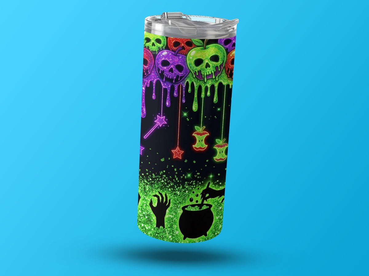 Tumbler with glittery Halloween skulls, poisoned apples, witch's cauldron, and hand.