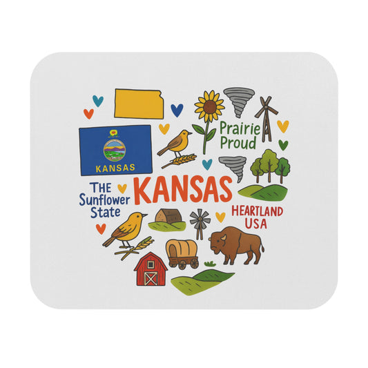 Kansas state map, flag, and iconic imagery arranged in a heart shape.