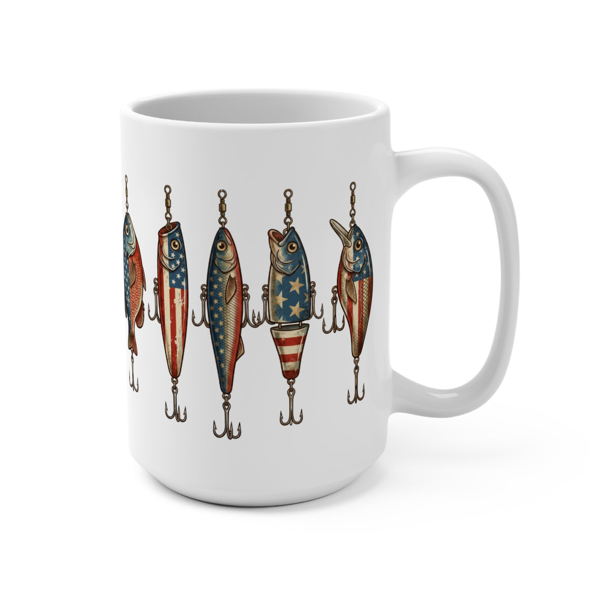 White mug with a repeating pattern of fishing lures with American flag designs.