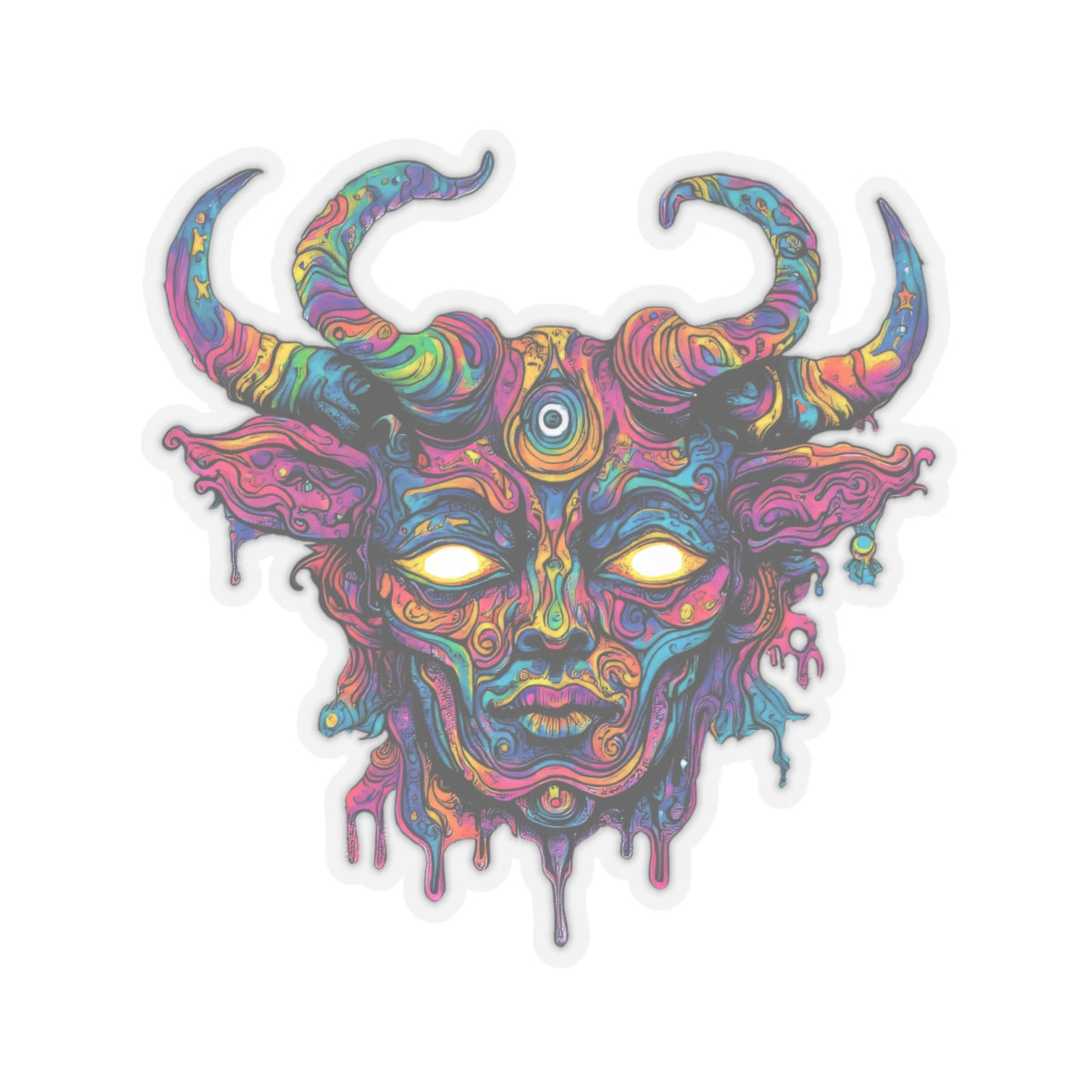 Psychedelic demonic face with horns, third eye, and dripping effect in vibrant colors.