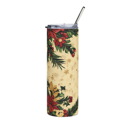 Tall tumbler with a cream background and a festive poinsettia and pine needle pattern.