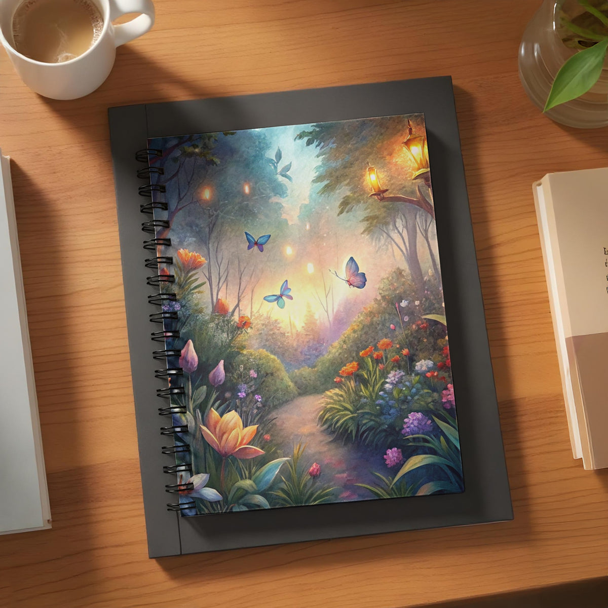 Notebook with a whimsical forest path and butterflies on the cover.