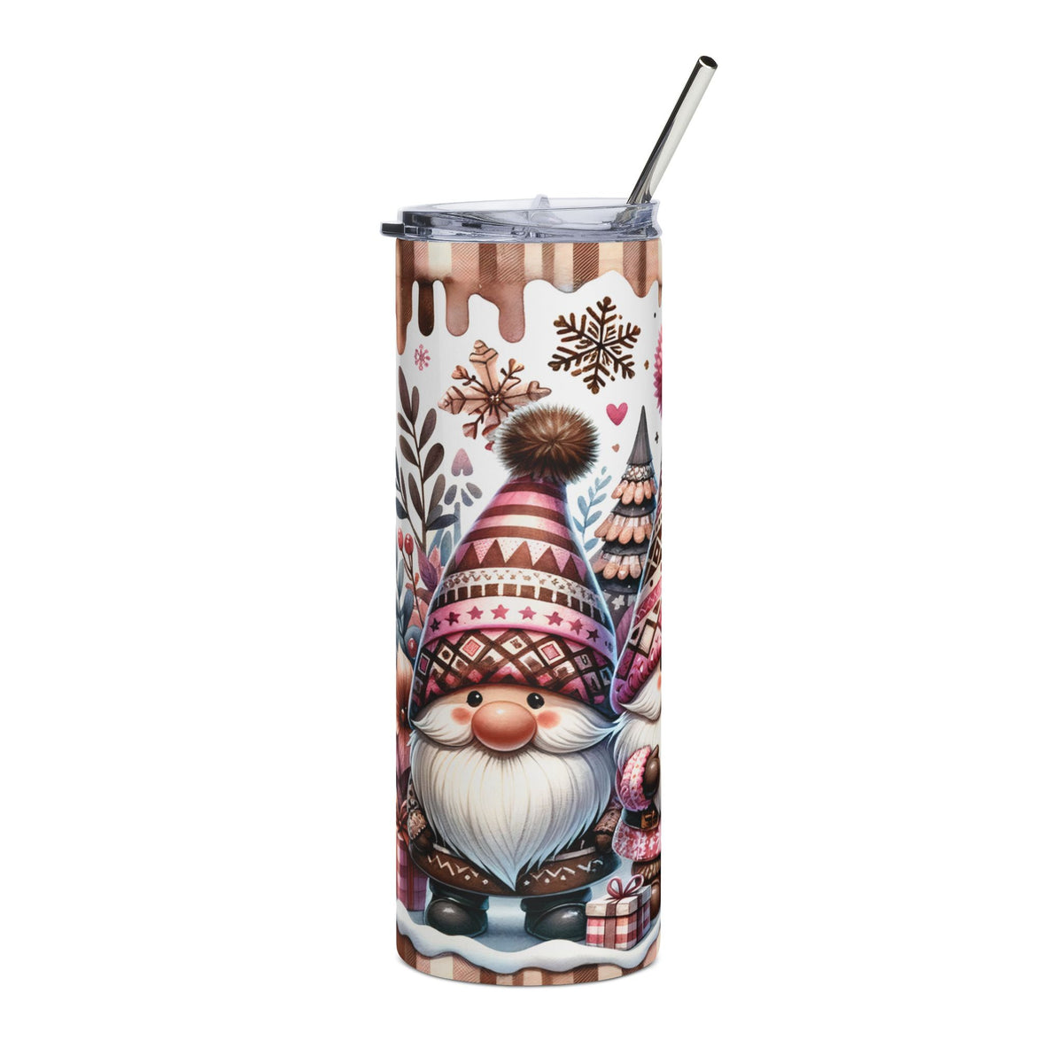 Tumbler with watercolor gnomes, snowflakes, and presents, featuring a metallic straw.