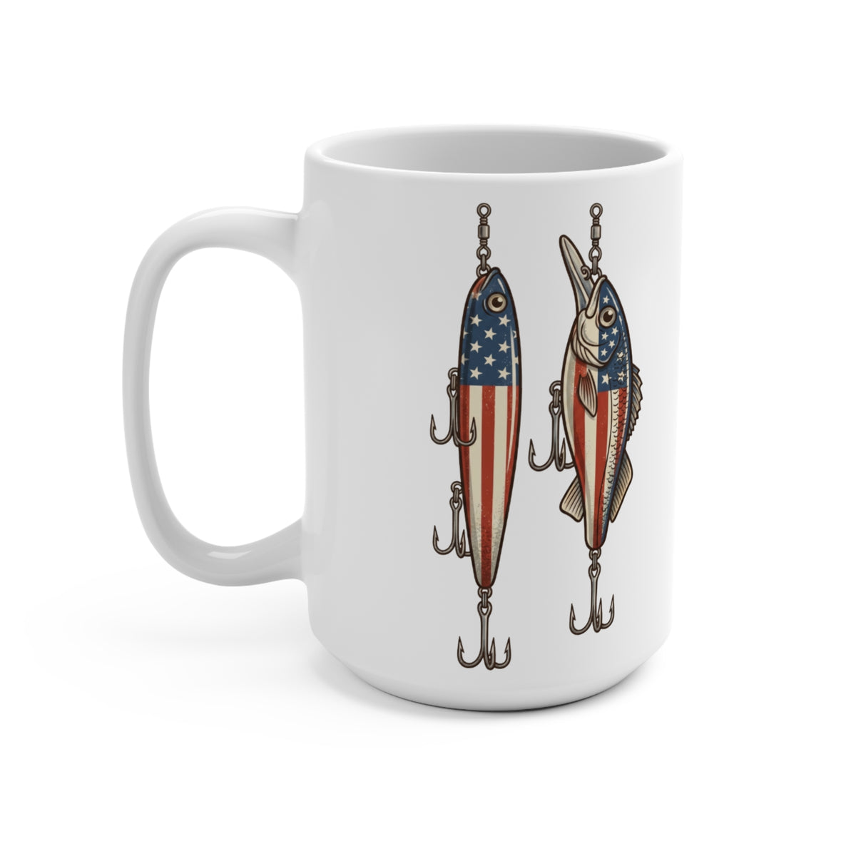 White mug with two fishing lures decorated with the American flag design.