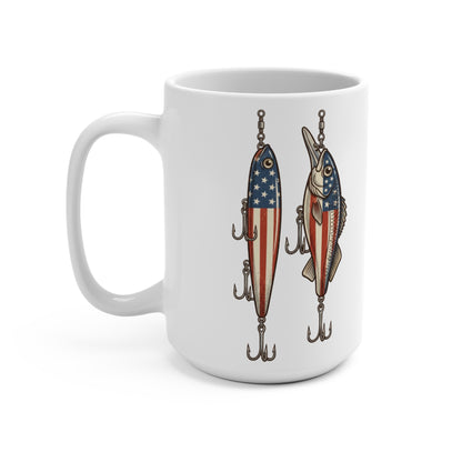 White mug with two fishing lures decorated with the American flag design.