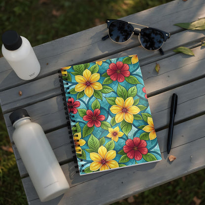 Spiral notebook with yellow and red flowers on a turquoise background.