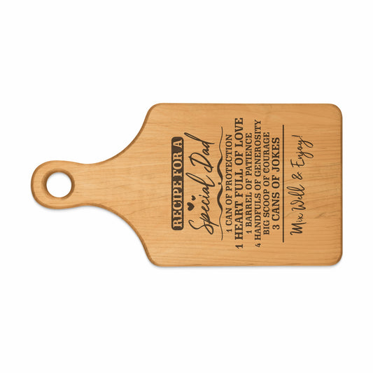 Wooden cutting board with "Recipe for a Special Dad" and ingredient list.