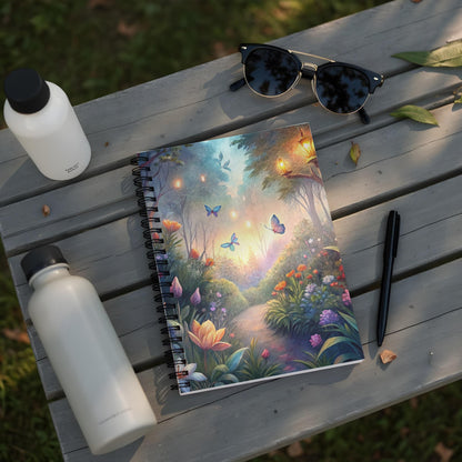 Notebook with whimsical forest path illustration, butterflies, flowers, and lanterns.