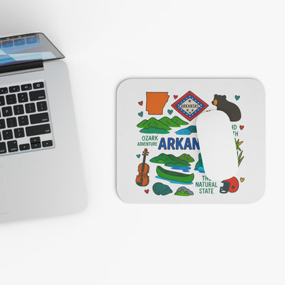 Mousepad with Arkansas outline, seal, bear, and nature icons.