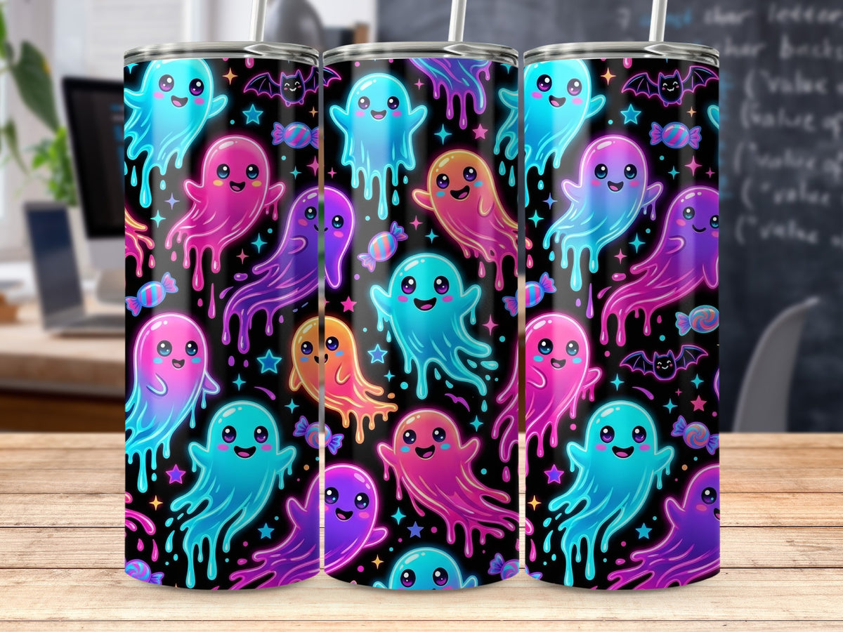 Tumbler with colorful, dripping ghosts, bats, and candy on a black background.