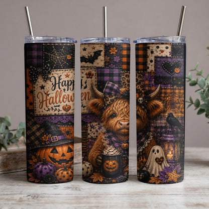 Halloween themed tumblers featuring highland cow, jack-o'-lantern, ghost, and spider web designs.