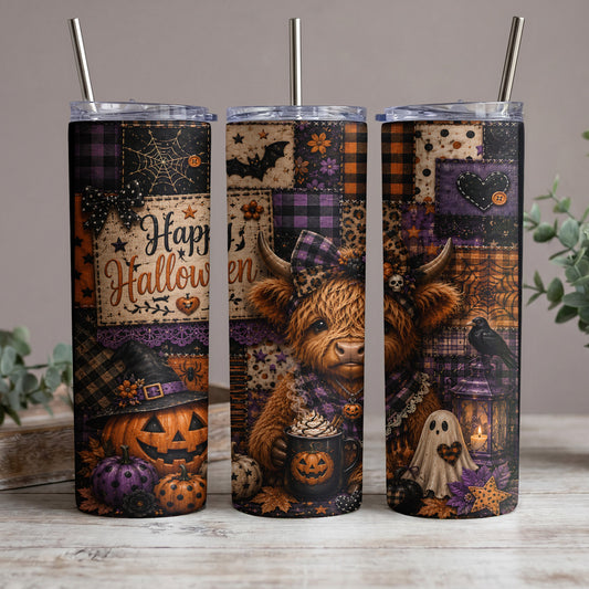 Halloween themed tumblers featuring highland cow, jack-o'-lantern, ghost, and spider web designs.