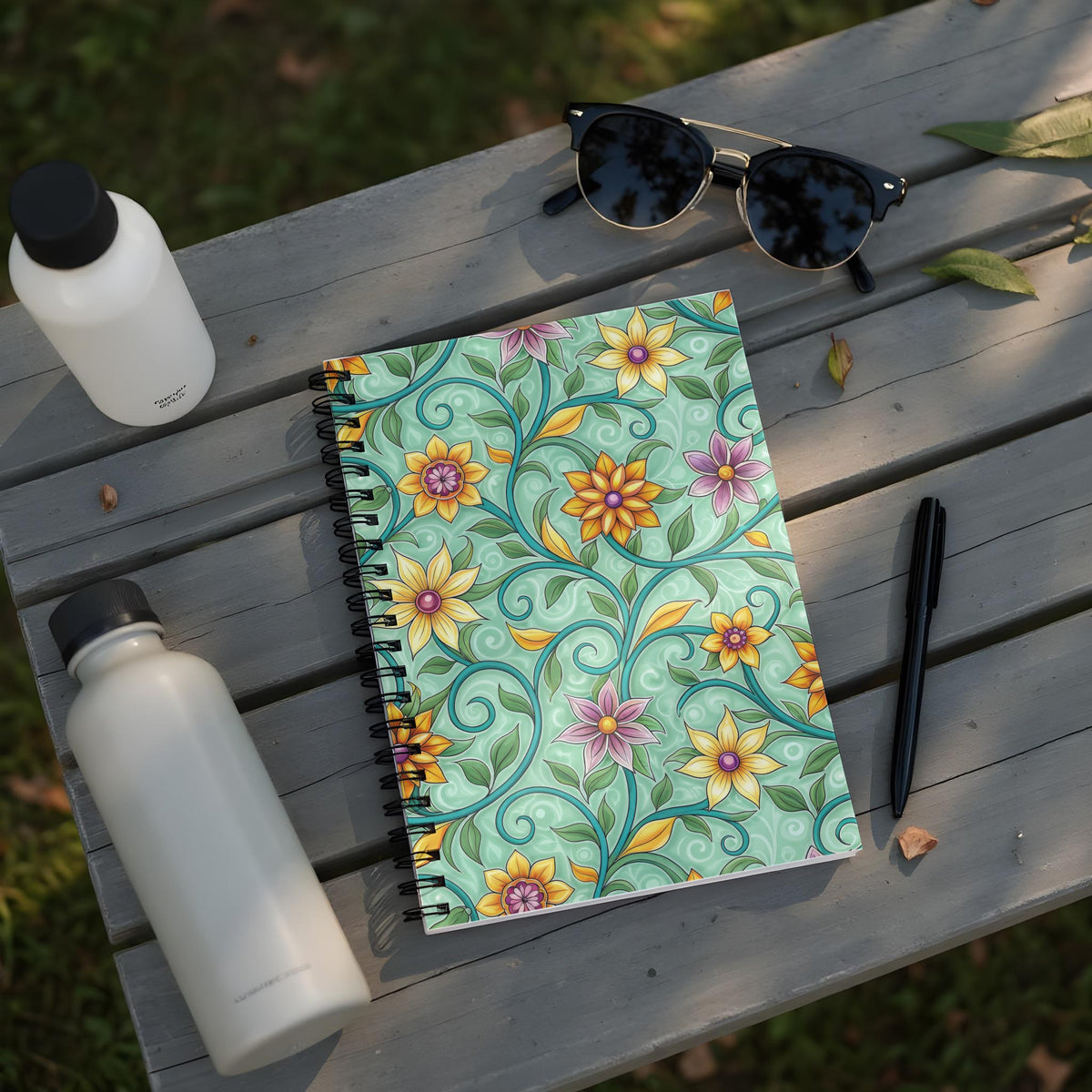 Spiral notebook with floral pattern on a wooden table with water bottles and sunglasses.