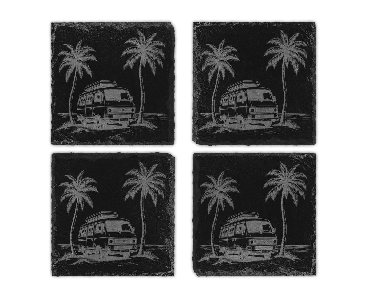 Four slate coasters engraved with a retro camper van and palm trees on a beach.