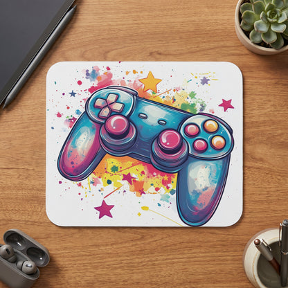Watercolor gaming controller with colorful paint splatters and stars.