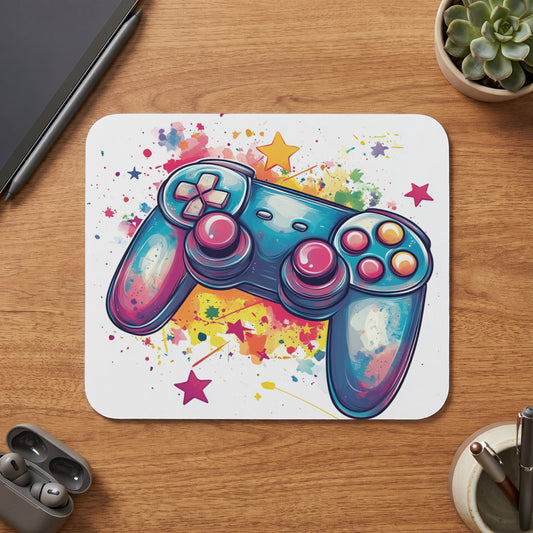 Watercolor gaming controller with colorful paint splatters and stars.
