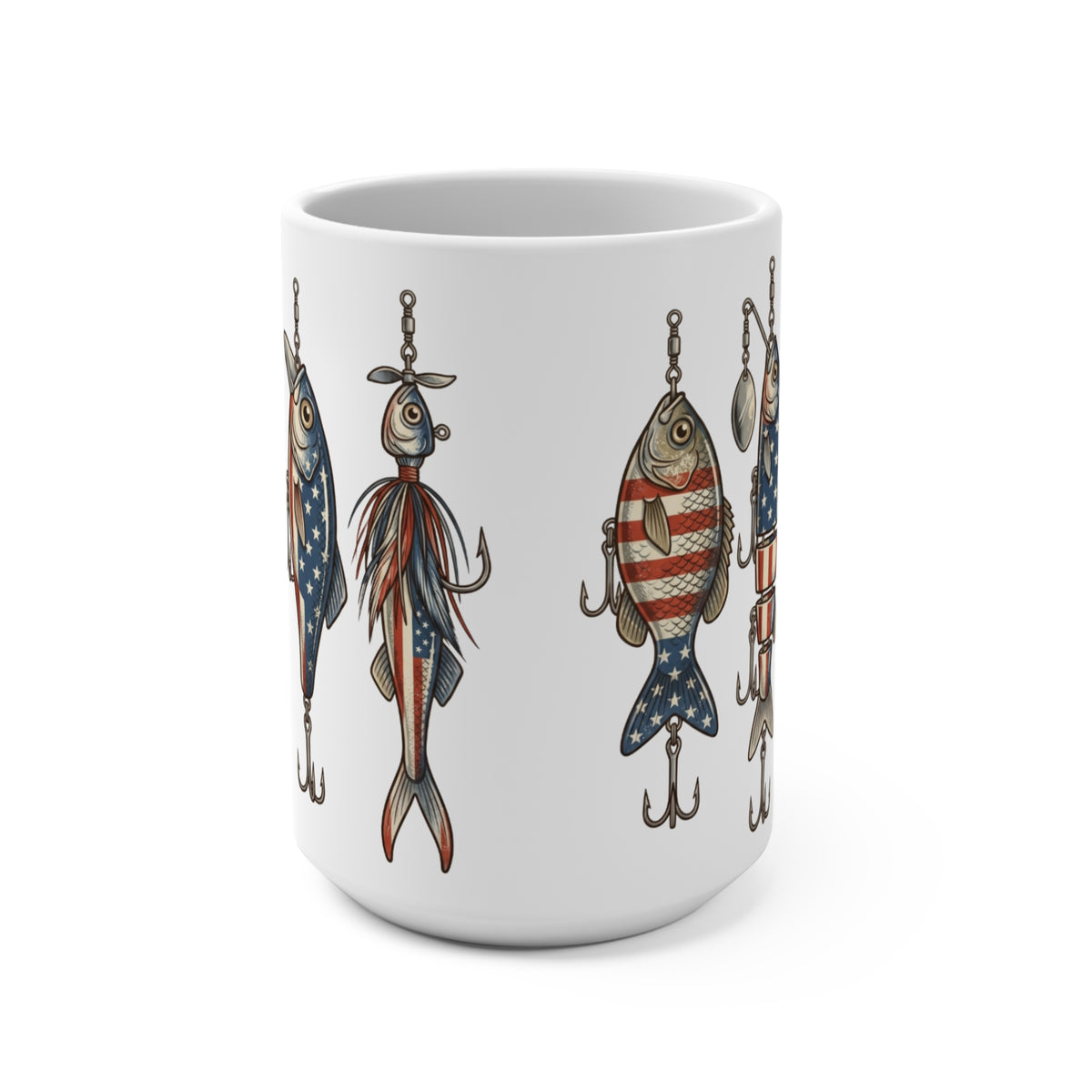 White mug with American flag pattern fishing lures and hooks.