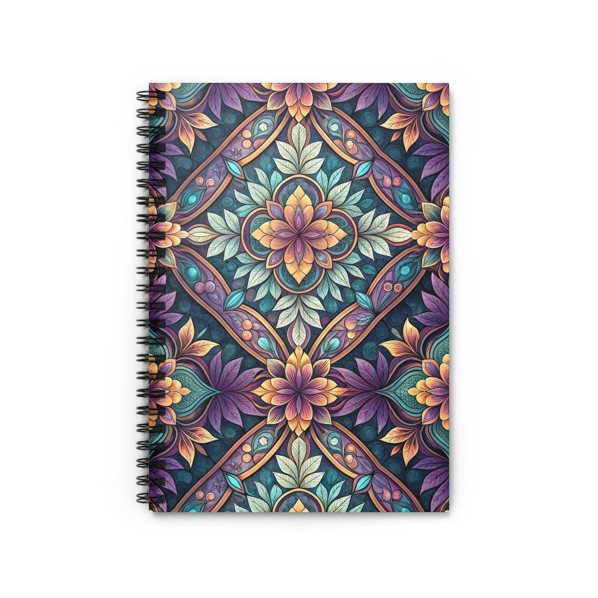 Spiral bound notebook with colorful floral mandala pattern.