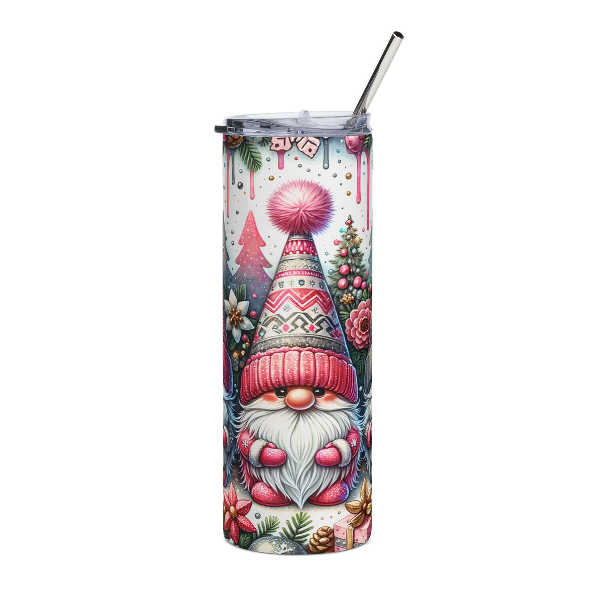 Tall tumbler with a gnome wearing a pom-pom hat and winter scene.
