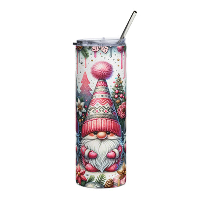 Tall tumbler with a gnome wearing a pom-pom hat and winter scene.