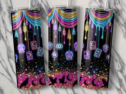 Tumble of tarot cards, evil eye, crystal balls, moon phases, and crows with glitter accents.